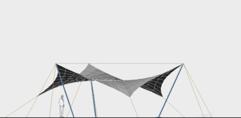 Side view tent S "ternwelle" as a sunshade or rain canopy for park or public space.